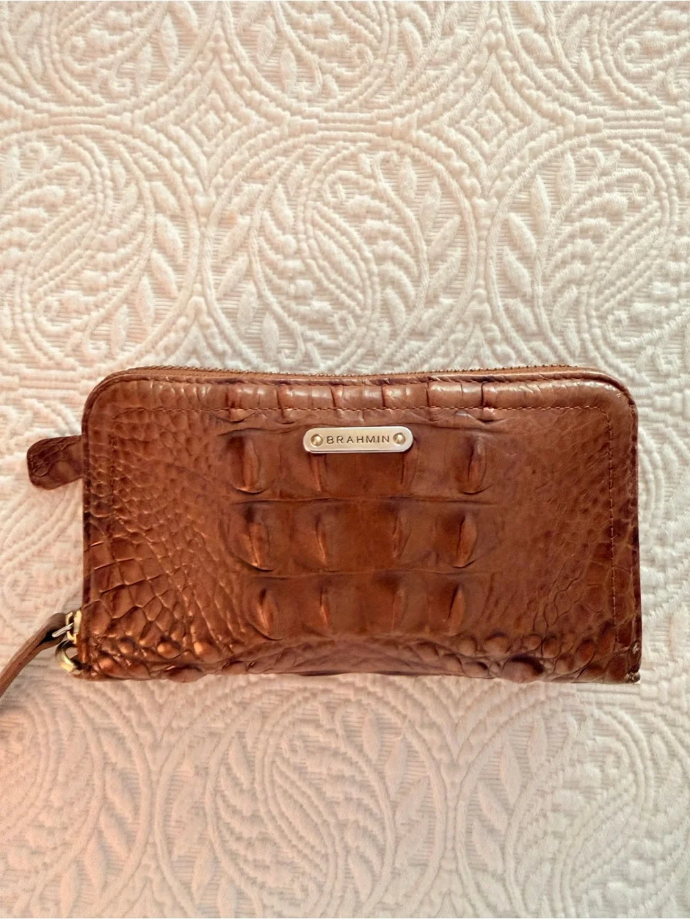 Brahmin Cognac Croc-Embossed Zip Around Wallet